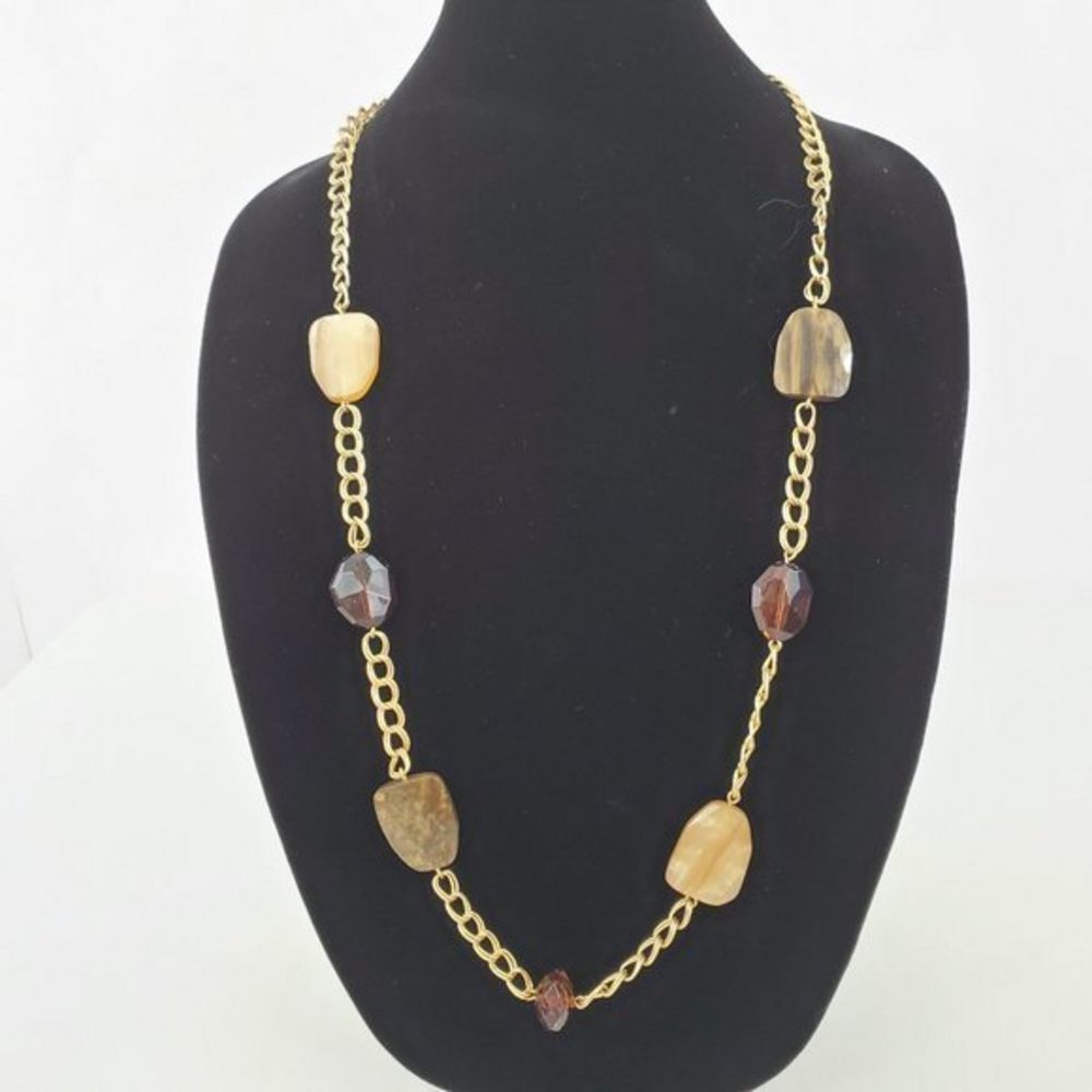 Avon Necklace Faux Wood Grain Brown‎ Chain Gold Ton